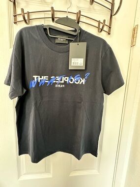 The Kooples Black Graphic Logo Short Sleeve Tee with Blue and White Script